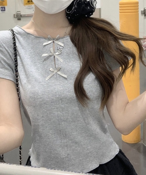 leune（ルネ） tシャツ トリプルミニリボントップス/リボン付フロント