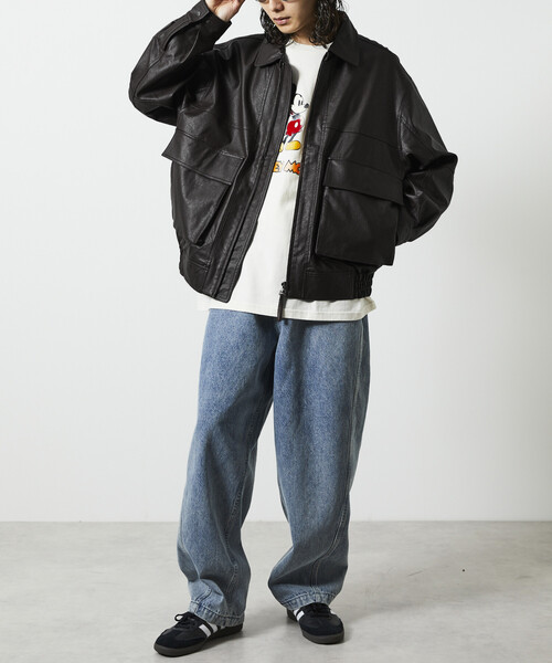 freak's store 黒 レザー オーバーサイズジャケット FREAK'S STORE/フリークスストア フェイクレザー ジップアップ