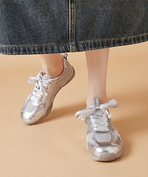Lace Ladies スニーカー パール付き グログラン リボン メッシュ