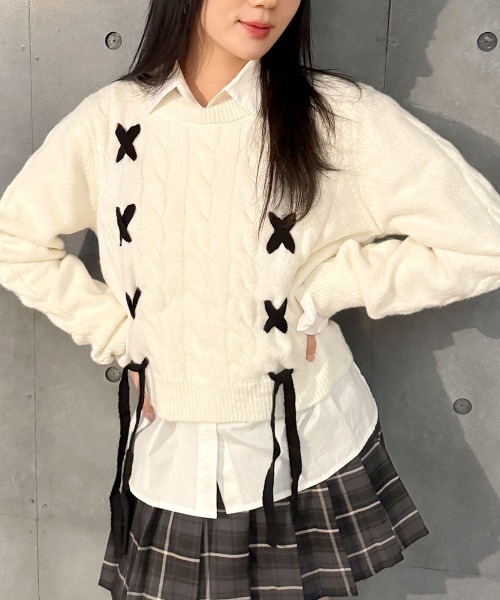 ジプソフィア　リボンケーブルニット ニット セーター リボンケーブルニット 長袖 かわいい 冬服 韓国