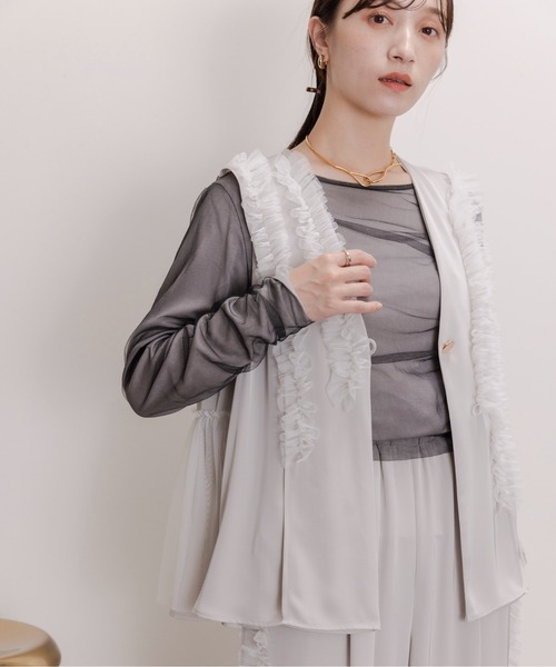 【期間限定:お値下げ】et.UNIVER フリルセットアップ Sサイズ セール】 【スタイリストコラボ】ジレ×ラメチュールスカート