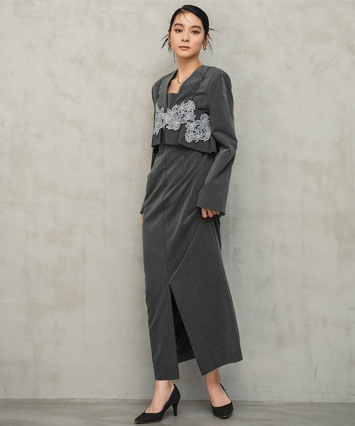 dizzit ストライプパフスリーブジャケットドレス ワンピース d'zzit ストライプビスチェドレス<2pcs SET>｜ワンピース｜good