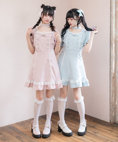美品♡ALBINAbyGOLDS ハートおりぼん総レースワンピ 2way PK DearMyLove ワンピース 夏 半袖 リボンハートメイドワンピース