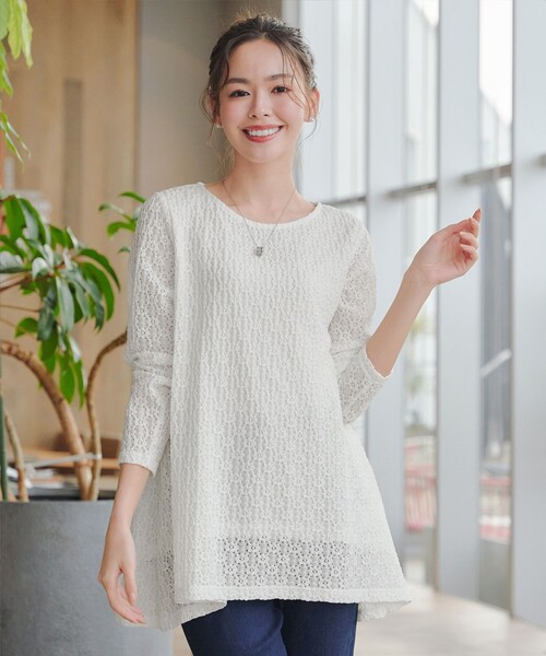 tシャツ 花柄カットレースフレアトップス レディース