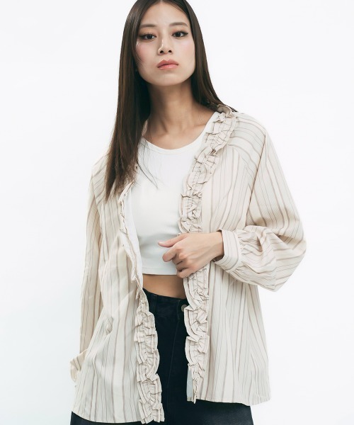 ブラウス シャツ Front frill striped blouse / フロントフリルストライプブラウス レディース