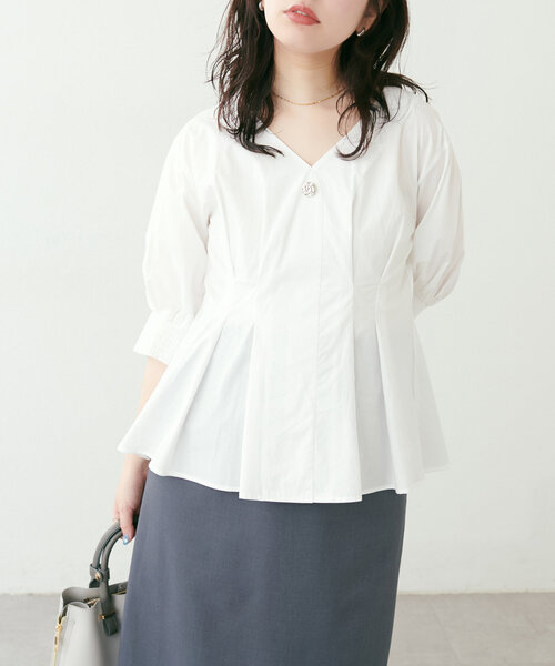 4color レディース トップス シャツブラウス シャツ ブラウス ペプラムシャツ バックプリーツ タックデザイン シフォン 無地 襟付き ポロ襟 natural couture ブラウス シャツ osonoタックデザインペプラム5