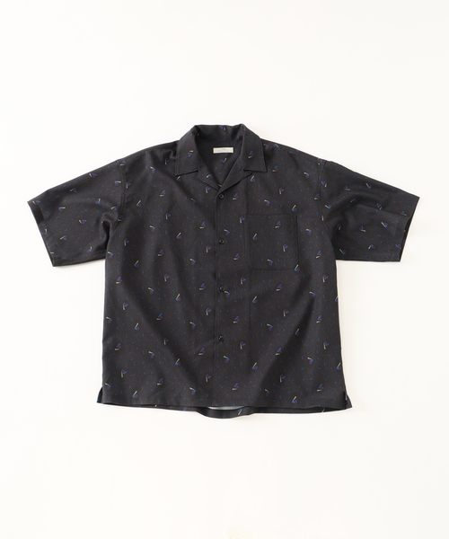 JOURNAL STANDARD 半袖シャツ 開襟 総柄 メンズ L 紺 茶 JOURNAL STANDARD シャツ SPLASH P/SLUB オープンカラー柄シャツ