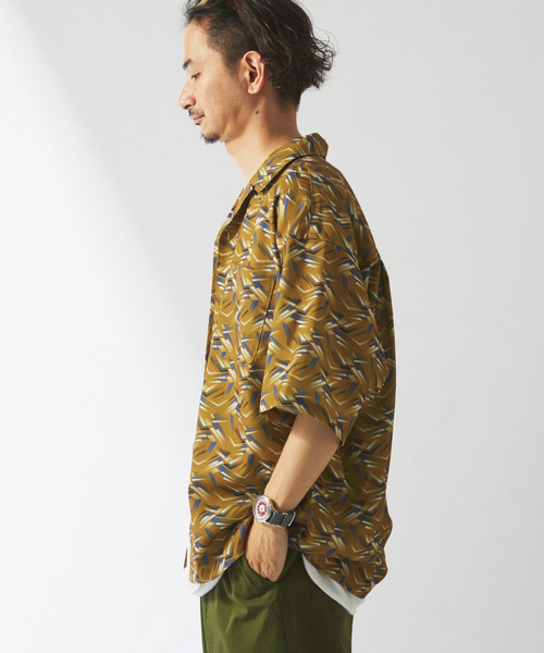 JOURNAL STANDARD 半袖シャツ 開襟 総柄 メンズ L 紺 茶 JOURNAL STANDARD relume シャツ ホールパターン プリント