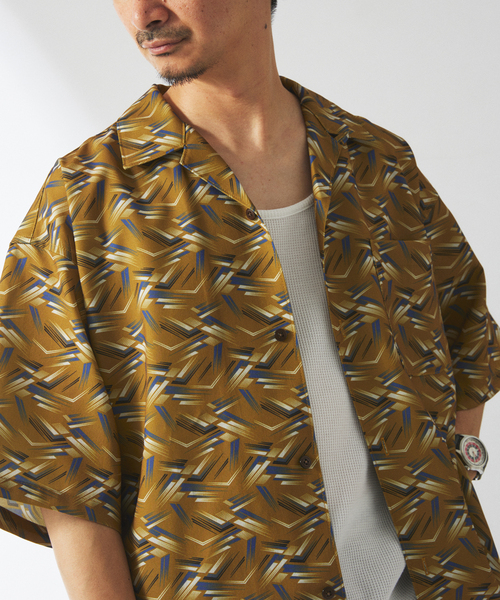 JOURNAL STANDARD 半袖シャツ 開襟 総柄 メンズ L 紺 茶 JOURNAL STANDARD relume シャツ ホールパターン プリント