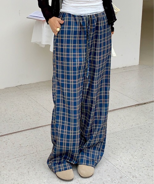 チェック柄ネイビー ワイドパンツ ネル チェック柄 イージーパンツ ワイドパンツ レディース ウエスト