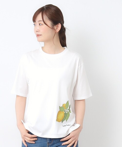 tシャツ 「接触冷感/UVカット／コットン100％」レモン グローブ柄 Tシャツ レディース
