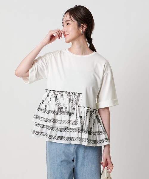 ユナイテッドアローズ　コンビプリーツ　Tシャツ　ネイビー コンビ プリーツ Tシャツ