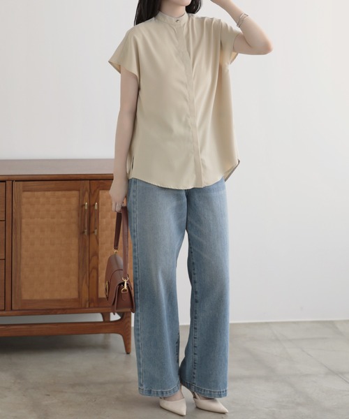 tシャツ 比翼フレンチスリーブバンドカラーシャツ レディース