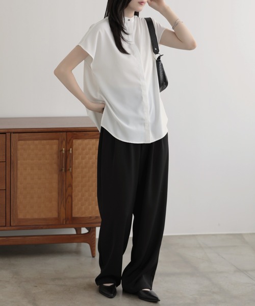 tシャツ 比翼フレンチスリーブバンドカラーシャツ レディース