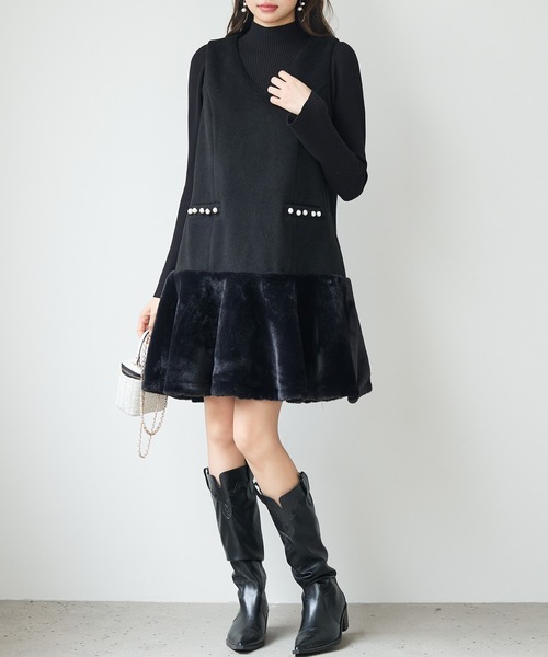 SAISON DE PAPILLON（セゾンドパピヨン） ワンピース ファー付きV