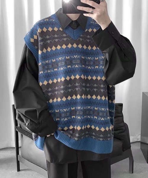 ベスト ジレ ジャガードVネックニットベスト メンズ : ZOZOTOWN Yahoo