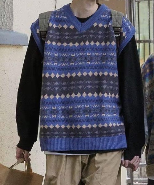 ベスト ジレ ジャガードVネックニットベスト メンズ : ZOZOTOWN Yahoo