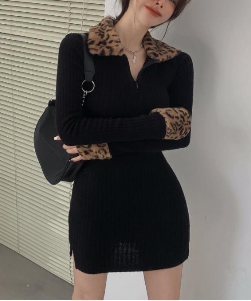 gossip!ロサンゼルス ワンピース Y2K レオパード柄ファー付きリブミニ