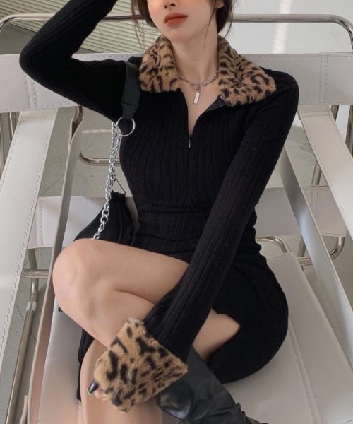 gossip!ロサンゼルス ワンピース Y2K レオパード柄ファー付きリブミニ