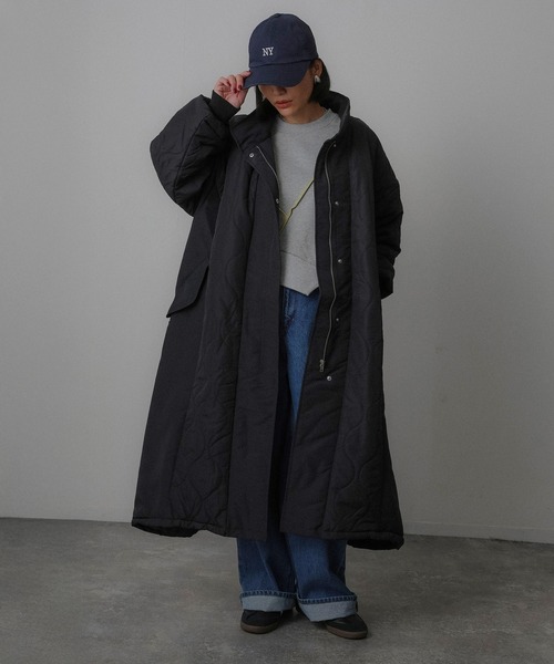 マキシ丈キルティング切替ロングコート　ブラック Floran ダウンコート ダウンジャケット キルティング切替 ロングコート