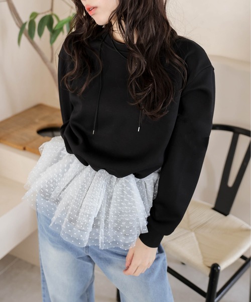 tシャツ ドットチュール ドッキングペプラムトップス レディース
