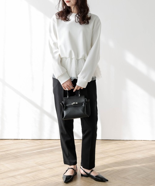 tシャツ ドットチュール ドッキングペプラムトップス レディース