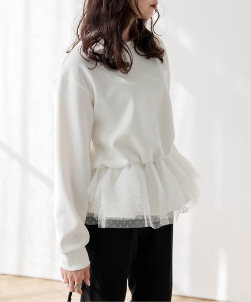 tシャツ ドットチュール ドッキングペプラムトップス レディース