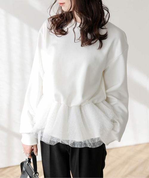 tシャツ ドットチュール ドッキングペプラムトップス レディース