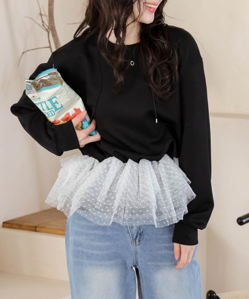 tシャツ ドットチュール ドッキングペプラムトップス レディース 