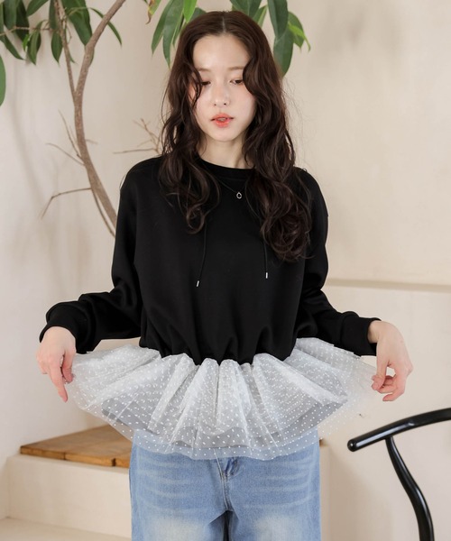 tシャツ ドットチュール ドッキングペプラムトップス レディース