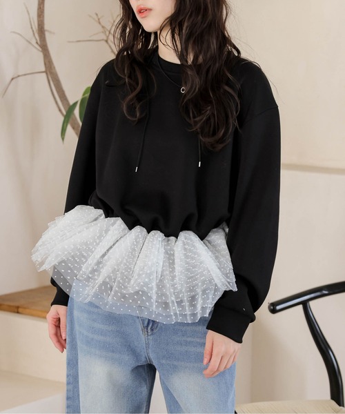 tシャツ ドットチュール ドッキングペプラムトップス レディース