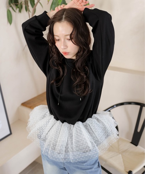 tシャツ ドットチュール ドッキングペプラムトップス レディース 
