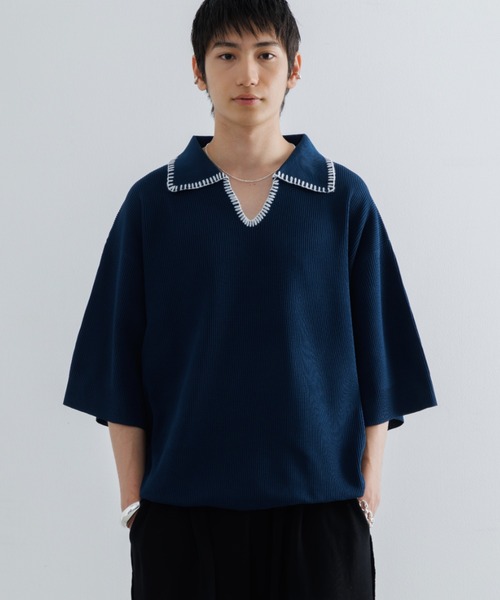 ポロシャツ メンズ Stitched knit polo shirt / ステッチニットポロシャツ｜zozo｜03