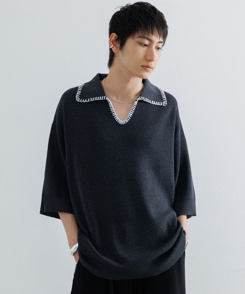 SINSS（シンス）の「Stitched knit polo shirt / ステッチニット