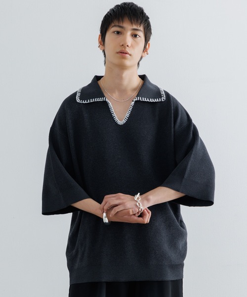 Bristol S/S BAGGY POLO M ポロシャツ　黒　メンズ SINSS ポロシャツ Stitched knit polo shirt / ステッチニット