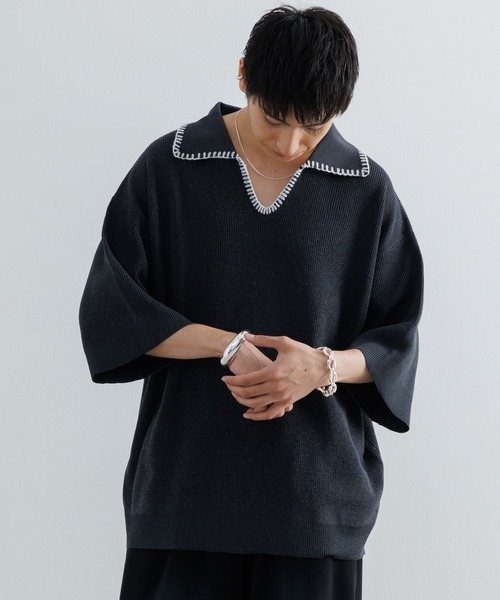 Stitched knit polo shirt / ステッチニットポロシャツ