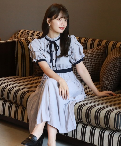 ワンピース フリルカラープリーツボウタイワンピース レディース  