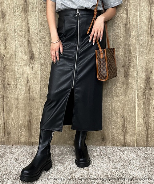 スカート 「リングZIP×スリット」レディース フェイクレザー タイト