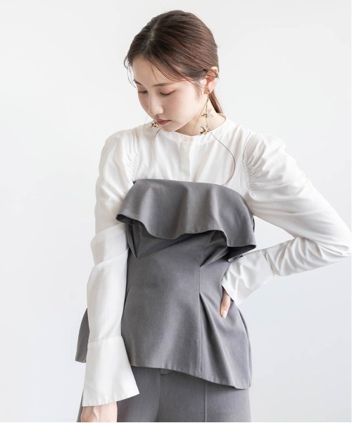 ブラウス シャツ ビスチェSETピンタックシャツ レディース ピンタックビスチェ×ミドルシャツSET(M BLUE): トップス