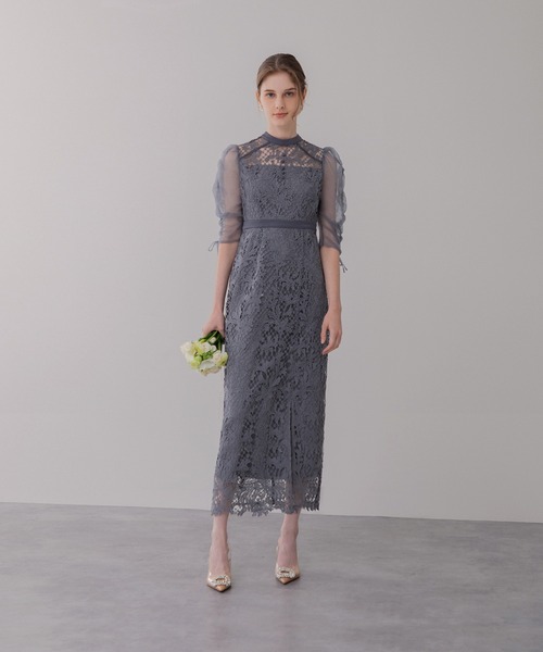 Leja （レジャ）ワンピース　パフスリーブ　結婚式オケージョンドレス レジャ Leja スパンコール花柄刺繍ソフトパフスリーブマーメイド