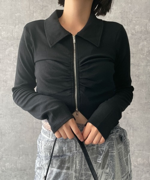 dispark tシャツ DISPARK/フロントギャザーWジップロンT レディース