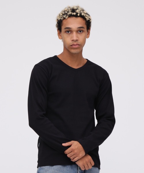 アヒョン着用  Vネック 長袖Tシャツ 黒 AVIREX（アヴィレックス） tシャツ 「DAILY/デイリー」RIB LONGSLEEVE