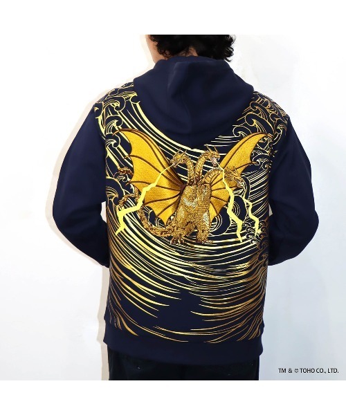 ゴジラ×錦nishiki　荒波キングギドラ刺繍フルジップパーカー(M2) セール】ゴジラ×錦nishiki 荒波キングギドラ刺繍フルジップ