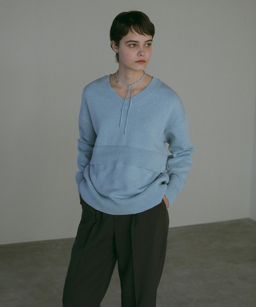 新品25SS MANOF マノフ　ニットポロトップス　グレー　半袖　スキッパー セール】HOODIE RIB KNIT TOPS（ニット/セーター）｜MANOF（マノフ）の