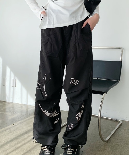 lilful ワイドパンツ パンツ ペイントデザイン ワイドレッグナイロン