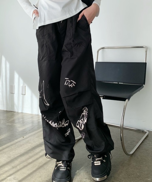 lilful ワイドパンツ パンツ ペイントデザイン ワイドレッグナイロン