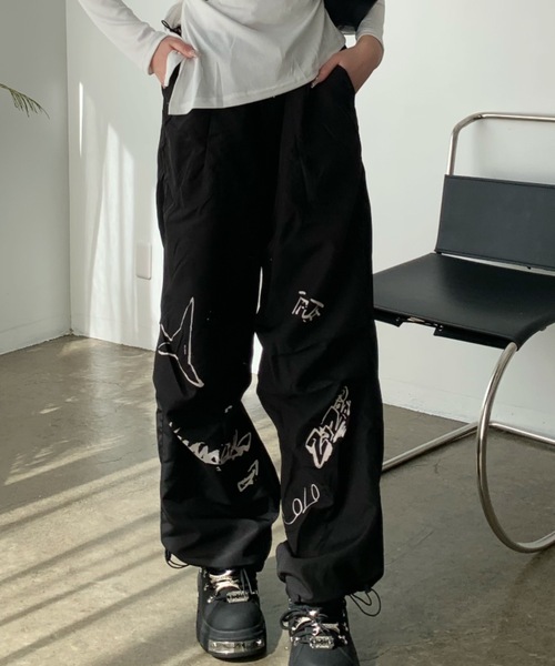 lilful ワイドパンツ パンツ ペイントデザイン ワイドレッグナイロン