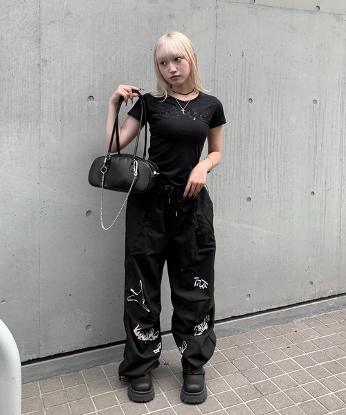 lilful ワイドパンツ パンツ ペイントデザイン ワイドレッグナイロン