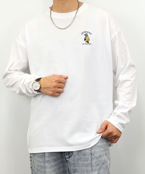 長袖 Tシャツ ロンT メンズ カットソー 刺繍 ホワイト BURNER tシャツ 「GROOVY STORE」ワイドシルエット ワンポイント