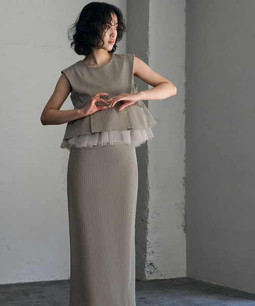 undresdグレー ペプラムトップス タイトスカート ドレス Fashion Letter ドレス ペプラムトップス×総レース結婚式